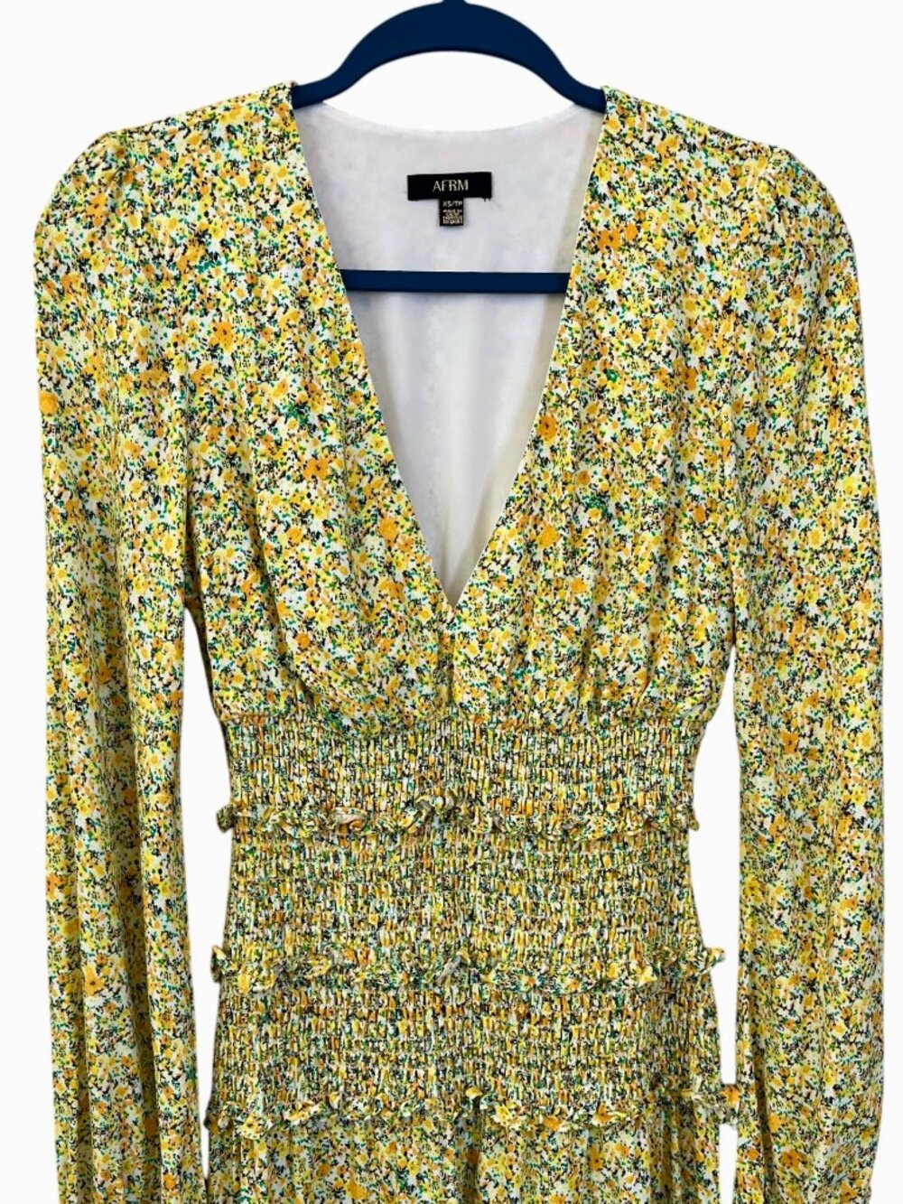 AFRM Yellow Floral Smocked Midi Dress XS - Picture 4 of 9
